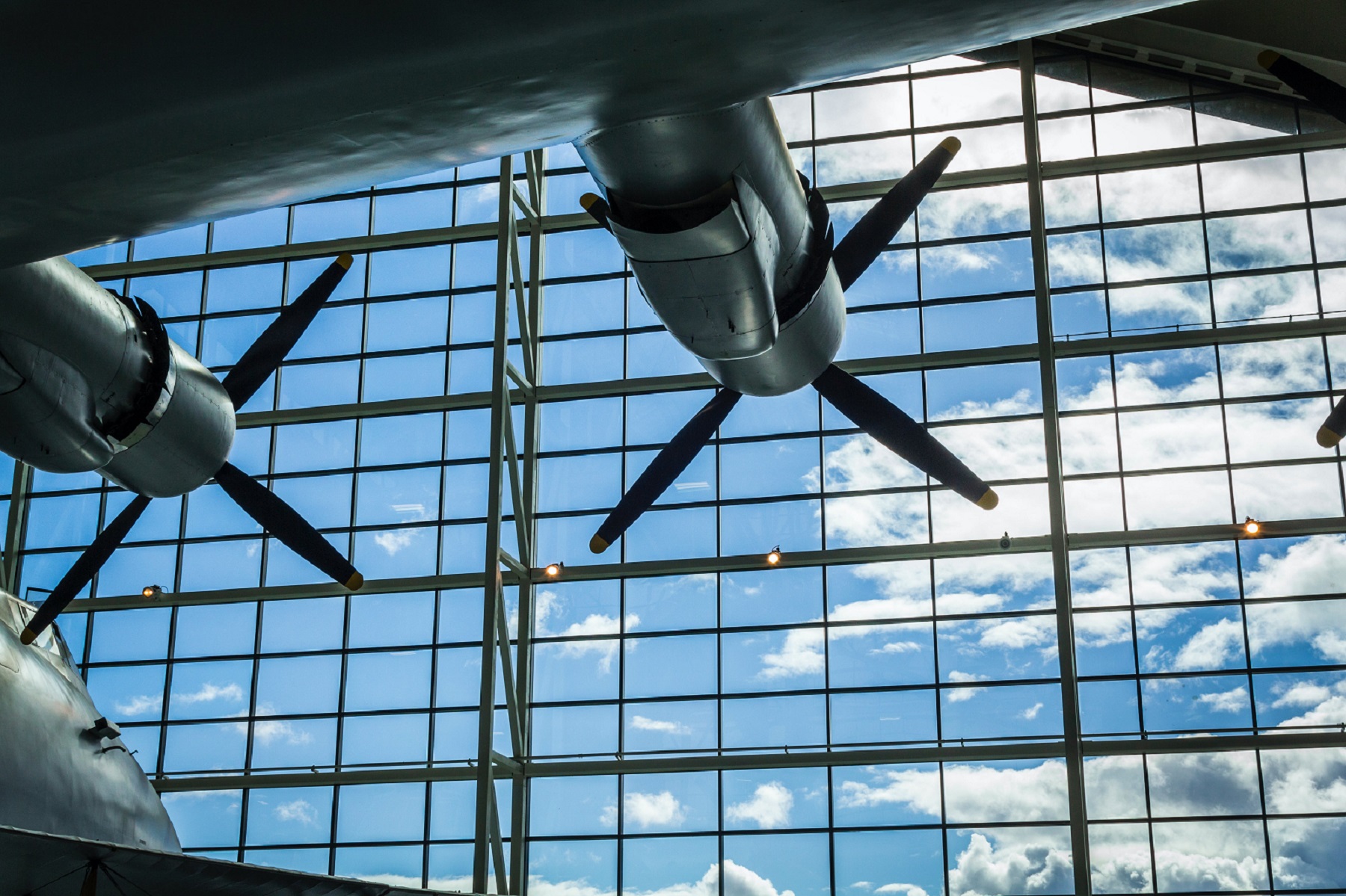 Under a plane wing in a hanger